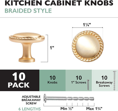 Ilyapa Brushed Gold Kitchen Cabinet Knobs - Round Braided Drawer Handles - 10 Pack of Kitchen Cabinet Hardware