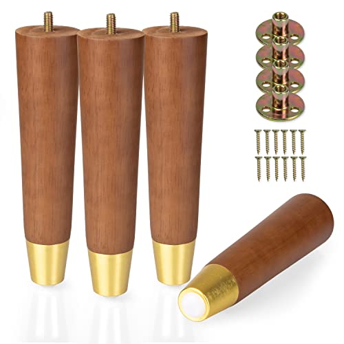 Ilyapa Wooden Furniture Legs Gold Footing - Set of 4 Brown 8 Inch Tapered Replacement Furniture Leg for Sofas, Chairs, Loveseats, Ottoman, Dressers, End Tables