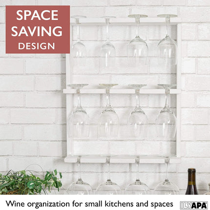 Wine Glass Rack, Wall Mounted - 3 Tier Rustic Weathered White Wood Stemware Storage Holder
