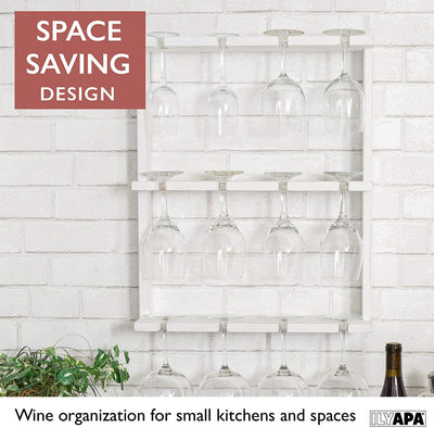 Wine Glass Rack, Wall Mounted - 3 Tier Rustic Weathered White Wood Stemware Storage Holder