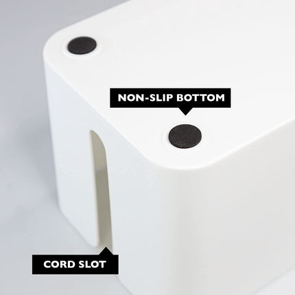 Cable Management Box - Cord Organizer for Wires, Power Strips - Includes Cable Sleeve, Hook and Loop Strap, Zip Ties, Clips - White Plastic