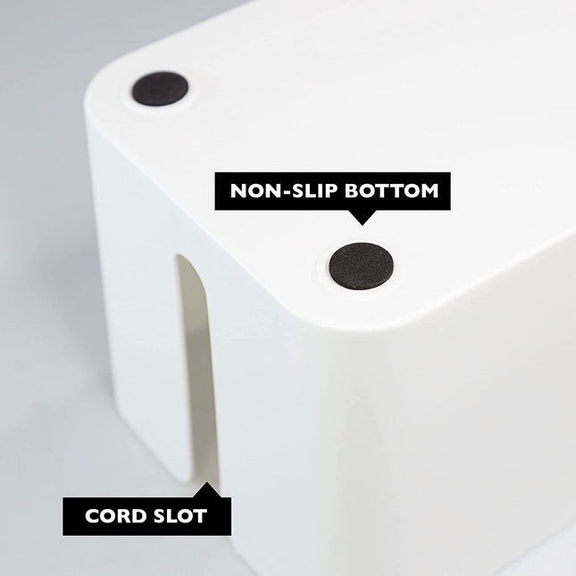 Cable Management Box - Cord Organizer for Wires, Power Strips - Includes Cable Sleeve, Hook and Loop Strap, Zip Ties, Clips - White Plastic