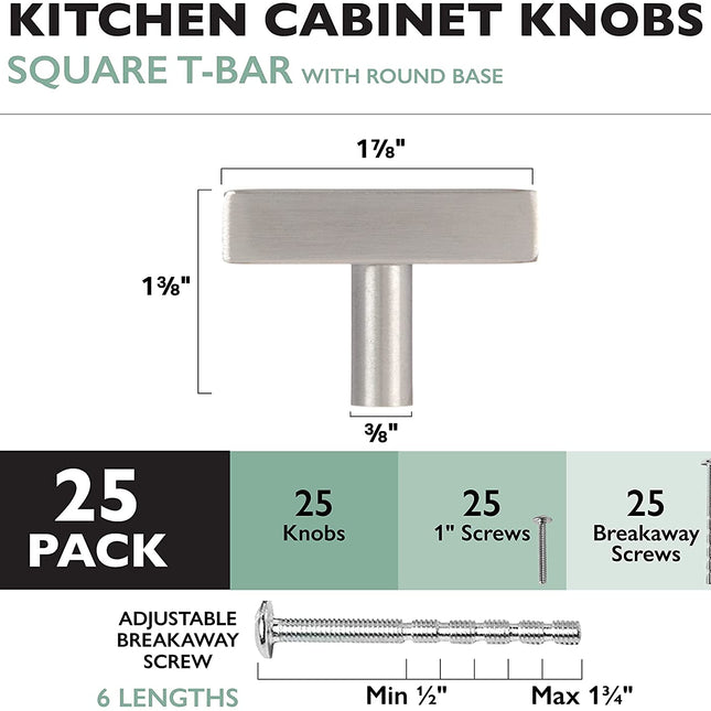 Satin Nickel Kitchen Cabinet Knobs, 25 Pack - Square T-Knob Drawer Pull Handle