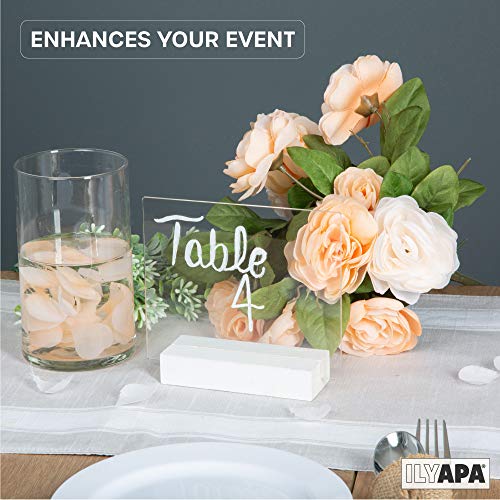 Acrylic Sign Holders with White Wood Stands, 8 Pack - Small 5x6 Inch Blank Table Numbers Set for Wedding