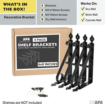 Heavy Duty Floating Shelf Brackets, 4 Pack - 6x8 Inch Decorative Metal Shelf Holders for Wall Mount Shelves