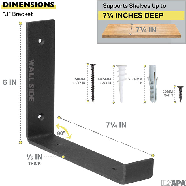 Heavy Duty Steel Floating Shelf Brackets, J Bracket with Lip- Farmhouse Rustic Iron Matte Finish - 4 Pack of 6 x 7.25 Inch Industrial Metal Shelf Holders, Joint Angle Brackets for Wall Mount Shelves