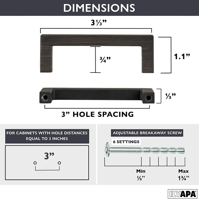 Oil Rubbed Bronze Cabinet Handles - 3 Inch Hole Center Modern Squared Drawer Pulls - 25 Pack of Kitchen Cabinet Hardware
