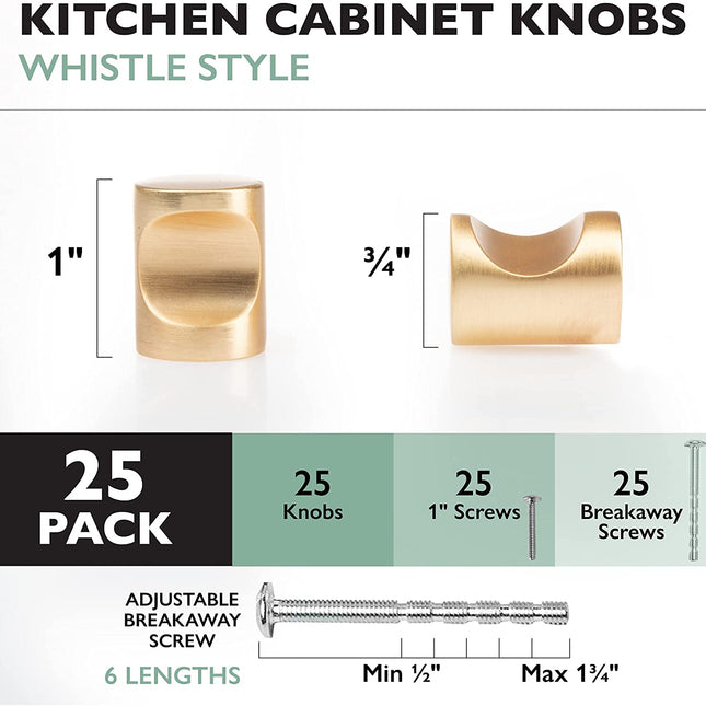 Ilyapa Brushed Gold Kitchen Cabinet Knobs - Minimalist Cylindrical Whistle Knob Handles - 25 Pack of Kitchen Cabinet Hardware