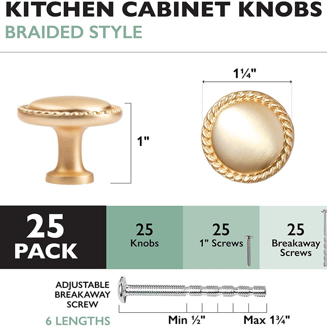 Ilyapa Brushed Gold Kitchen Cabinet Knobs - Round Braided Drawer Handles - 25 Pack of Kitchen Cabinet Hardware
