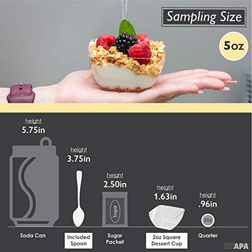 100 Mini Plastic Dessert Cups with Spoons - 5 oz Square Shooters