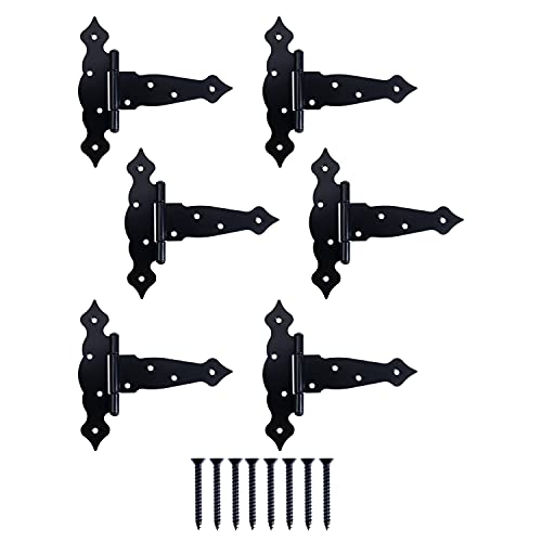 Ilyapa Heavy Duty Gate Hinges, 6 Pack - 6 Inch Decorative Outdoor T Strap Hinges for Barn Door, Shed or Wooden Fences