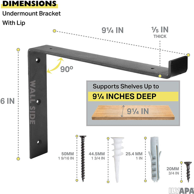 Heavy Duty Steel Floating Shelf Brackets, Undermount Bracket With Lip- Farmhouse Rustic Iron Matte Finish - 4 Pack of 6 x 9.25 Inch Industrial Metal Shelf Holders, Joint Angle Brackets for Wall Shelve