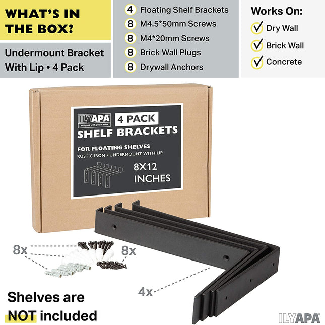 Heavy Duty Steel Floating Shelf Brackets, Undermount Bracket With Lip- Farmhouse Rustic Iron Matte Finish - 4 Pack of 8 x 11.25 Inch Industrial Metal Shelf Holders, Joint Angle Brackets for Wall Shelv