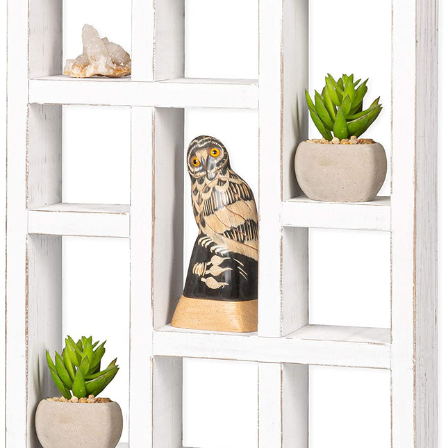 Ilyapa Knick Knack Shelf, Weathered White Wood - Wall Mount or Freestanding Organizer Stand for Oils, Coffee Mugs, Crystals, Rocks, Curios & More