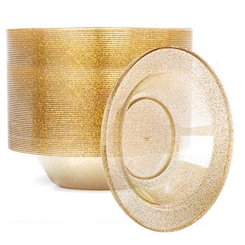 12oz Plastic Bowls Set of 100 - Gold Glitter Heavy Duty Disposable Bowl Pack