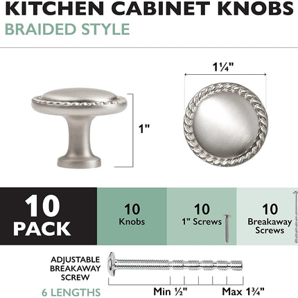 Ilyapa Satin Nickel Kitchen Cabinet Knobs - Round Braided Drawer Handles - 10 Pack of Kitchen Cabinet Hardware