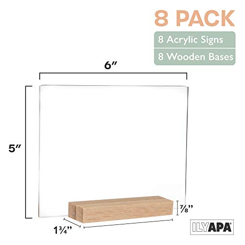 Acrylic Sign Holders with Natural Wood Stands, 8 Pack - Small 5x6 Inch Blank Table Numbers Set for Wedding