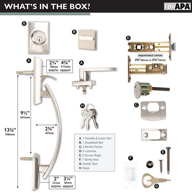 Ilyapa Exterior Door Handleset - Modern, Satin Nickel Low Profile Lock Set Front Door Handle with Single Cylinder Deadbolt and Halifax Lever, Satin Nickel