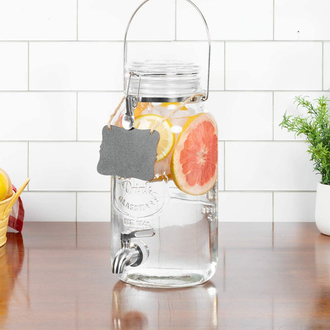 Outdoor Glass Beverage Dispenser with Stainless Steel Spigot, Handle & Hanging Chalkboard - Drink Dispenser for Lemonade, Tea, Cold Water & More