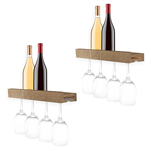 Ilyapa 2 Pack Rustic Shelf with Wine Glass Storage - Wall Mounted Wooden Wine Rack - Brown, Storage for 4 Glasses