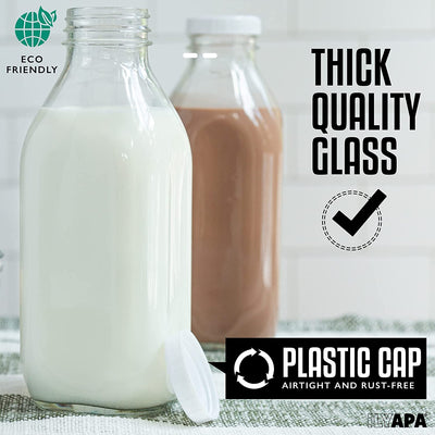 Ilyapa 33.8 oz Glass Milk Bottle with Plastic Lid - Pack of 2 - Vintage style Glass Milk Bottle with Cap for Milk, Kombucha, Juice, Water - Larger than 1 Quart