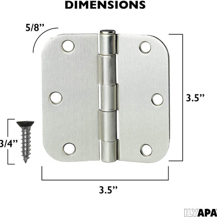 6 Pack of Door Hinges Satin Nickel - 3.5 x 3.5 Inch Interior Hinges for Doors Brushed Nickel with 5/8 Inch Radius Corners