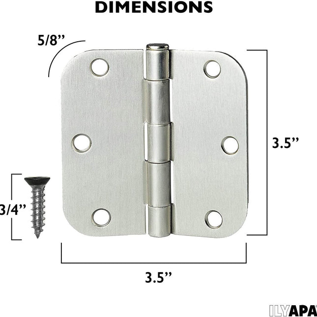 6 Pack of Door Hinges Satin Nickel - 3.5 x 3.5 Inch Interior Hinges for Doors Brushed Nickel with 5/8 Inch Radius Corners