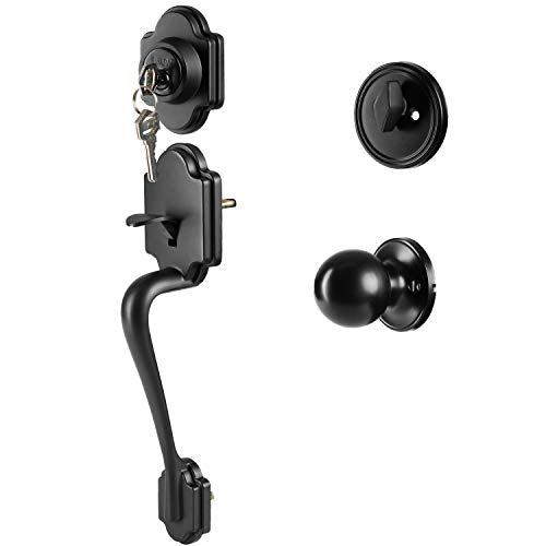 Traditional Style Front Door Exterior Handleset - Elegant Lock Set Handle Hardware with Single Cylinder Deadbolt Lock and Knob - Improved Classic Matte Black Finish