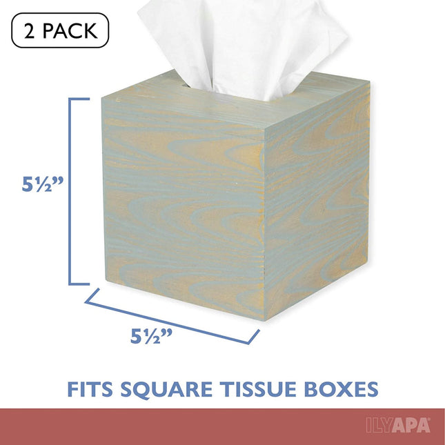 Ilyapa Wood Tissue Box Cover, 2 Pack Square - Rustic Farmhouse Gray Wooden Tissue Holders