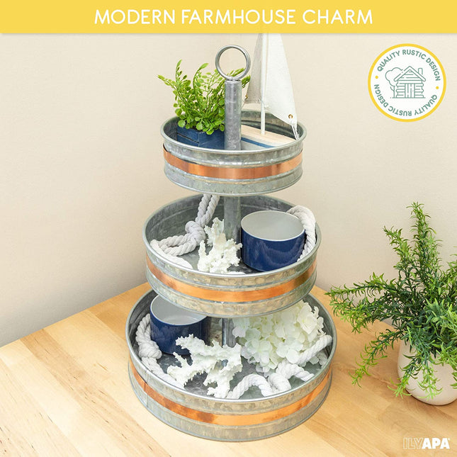 Galvanized Three Tiered Serving Stand - 3 Tier Metal Trays with Copper Trim