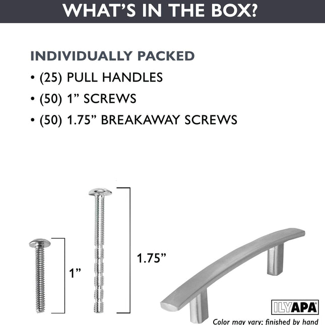 Satin Nickel Kitchen Cabinet Pulls - 3.75 Inch Hole Center Curved Pull Handle Bar - 25 Pack of Kitchen Cabinet Hardware