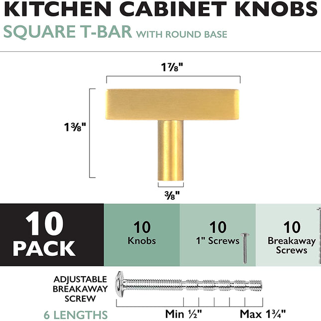 Brushed Gold Kitchen Cabinet Knobs, 10 Pack - Square T-Knob Drawer Pull Handle Hardware