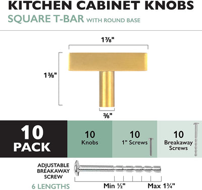 Brushed Gold Kitchen Cabinet Knobs, 10 Pack - Square T-Knob Drawer Pull Handle Hardware