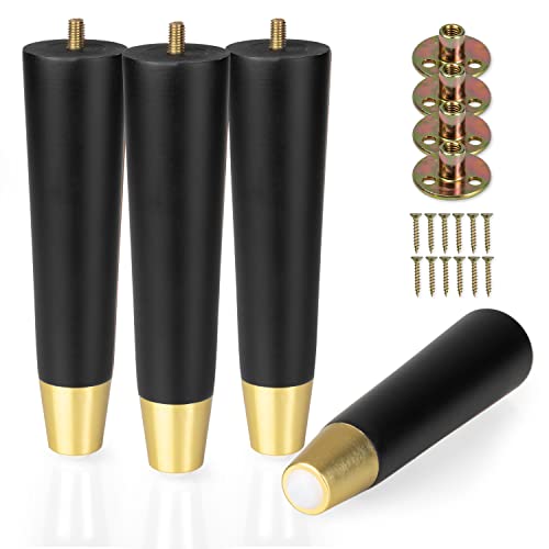 Ilyapa Wooden Furniture Legs Gold Footing - Set of 4 Black 8 Inch Tapered Replacement Furniture Leg for Sofas, Chairs, Loveseats, Ottoman, Dressers, End Tables