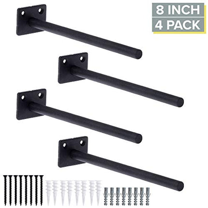 Heavy Duty Steel Concealed Floating Shelf Brackets 4 Pack of 8 Inch Blind Shelf Supports with 1.5" x 2" Square Base - Farmhouse Rustic Iron Finish Industrial Metal Shelf Holders, Hidden Shelf Brackets