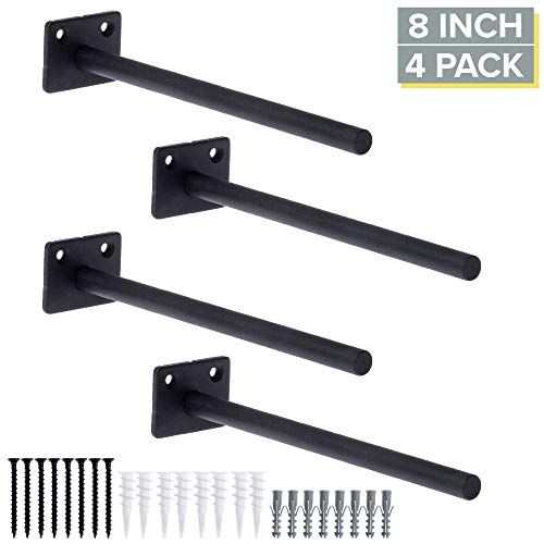 Heavy Duty Steel Concealed Floating Shelf Brackets 4 Pack of 8 Inch Blind Shelf Supports with 1.5" x 2" Square Base - Farmhouse Rustic Iron Finish Industrial Metal Shelf Holders, Hidden Shelf Brackets