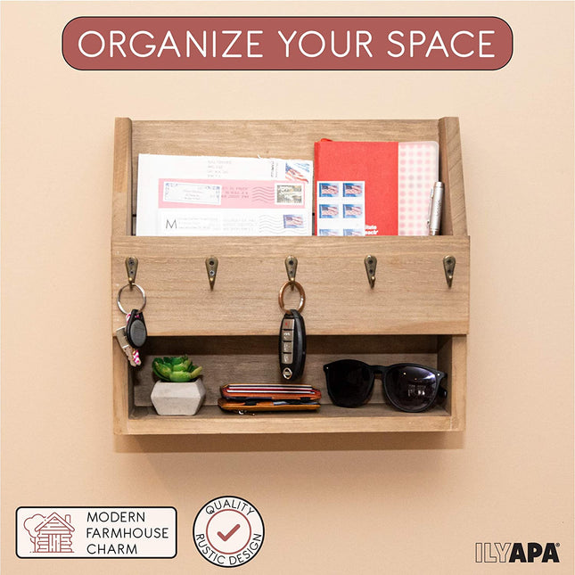 Ilyapa Rustic Wooden Key and Mail Holder with Shelf - Wall Mounted