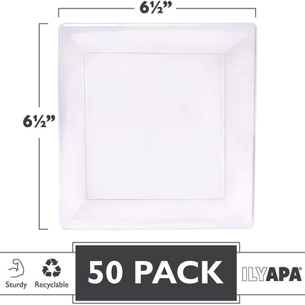 50 Plastic Square Plates - 6.5 Inch Clear Disposable Plates