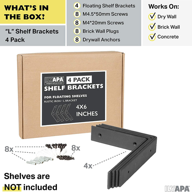 Heavy Duty Steel Shelf Brackets, L Bracket - Farmhouse Rustic Iron Matte Finish - 4 Pack of 4 x 6 Inch Industrial Metal Shelf Holders, Corner L Brace Joint Angle Brackets for Wall Mount Shelves