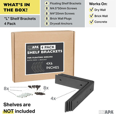 Heavy Duty Steel Shelf Brackets, L Bracket - Farmhouse Rustic Iron Matte Finish - 4 Pack of 4 x 6 Inch Industrial Metal Shelf Holders, Corner L Brace Joint Angle Brackets for Wall Mount Shelves
