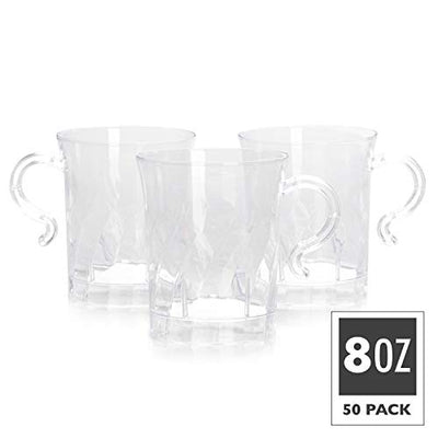 50 Plastic Coffee Cups with Handles, Clear 8 oz - Disposable or Reusable Tea Mug Pack
