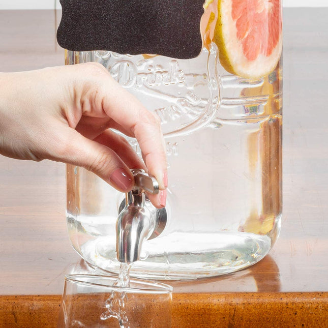 Outdoor Glass Beverage Dispenser with Stainless Steel Spigot, Handle & Hanging Chalkboard - Drink Dispenser for Lemonade, Tea, Cold Water & More