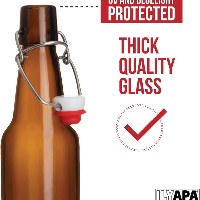 Ilyapa 16 oz Amber Flip Top Glass Beer Bottles for Home Brewing, Set of 12