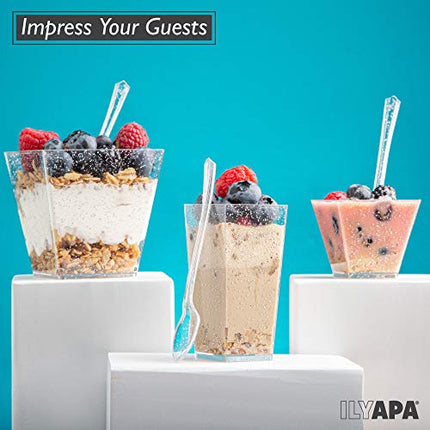 100 Mini Plastic Dessert Cups with Spoons - 2 oz Silver Glitter Dessert Shooters