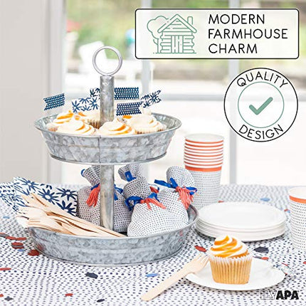 Galvanized Two Tiered Serving Stand - 2 Tier Metal Tray Platter for Cake, Dessert, Shrimp, Appetizers & More