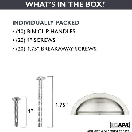 Satin Nickel Kitchen Cabinet Pulls - New 3 Inch Hole Center Bin Cup Drawer Handles - 10 Pack of Kitchen Cabinet Hardware