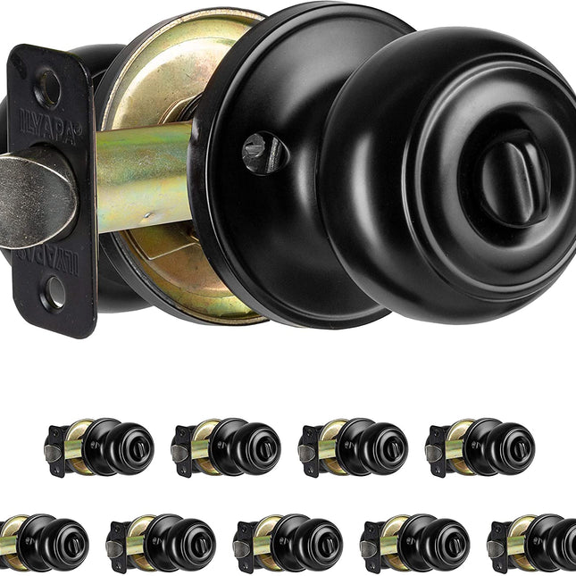 Interior Privacy Door Knob - Keyless Locking Door Handles for Bedroom and Bathroom - Improved Matte Black Finish - (10 Pack)