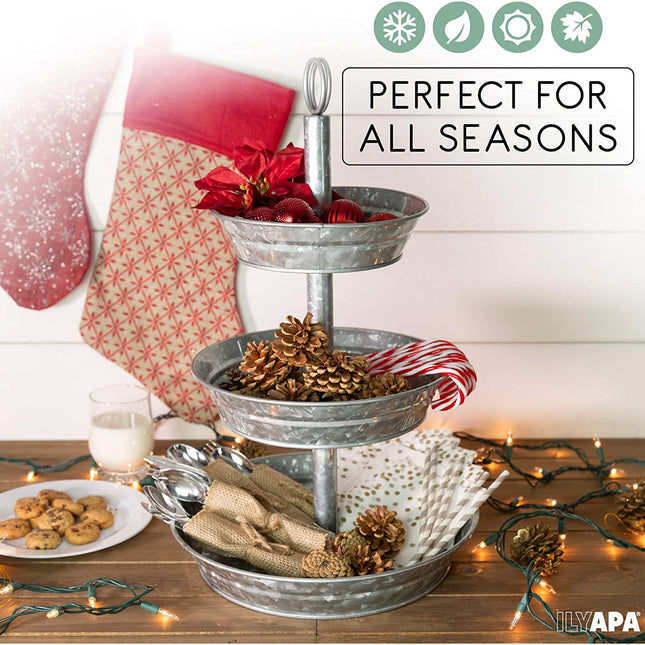 Galvanized Three Tiered Serving Stand - 3 Tier Metal Tray Platter for Cake, Dessert, Shrimp, Appetizers & More