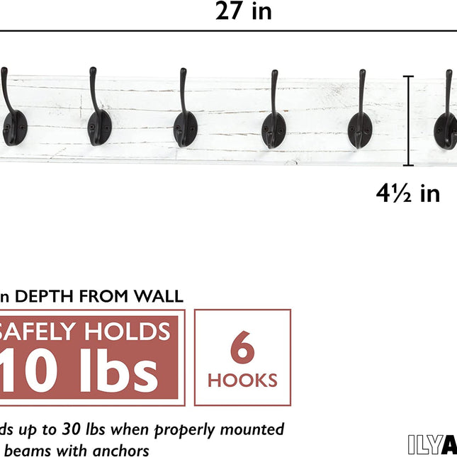 Ilyapa Wall Mounted Coat Rack, White Wooden Coat Hook Rail - 27" with 6 Retro Hooks