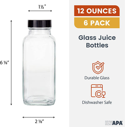 Ilyapa 12 oz Glass Juice Bottle Pack of 6 Glass Drinking Bottles with Lids Perfect For Juice, Milk, Coffee, Tea, Kombucha